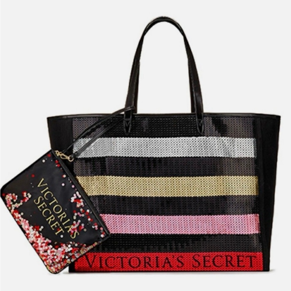 Victoria’s Secret Sequin Striped Tote Bag & Wristlet — NEW - Picture 1 of 1